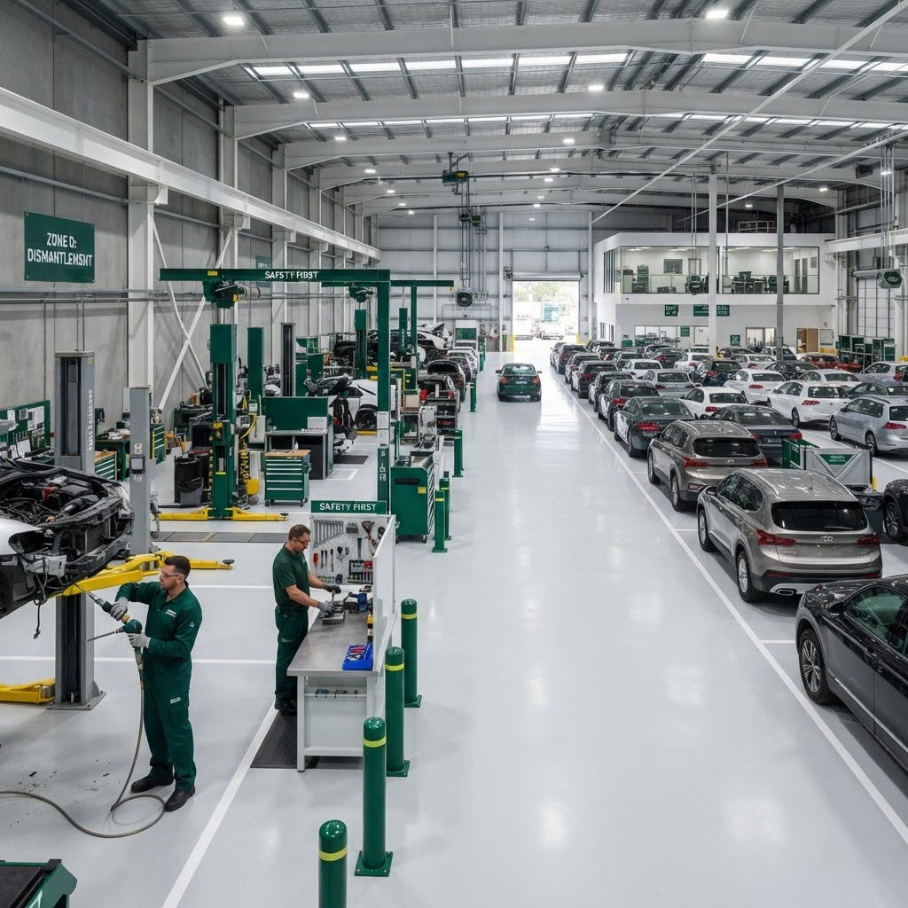 Interior of the Shredzone vehicle scrapping facility with organized processing bays